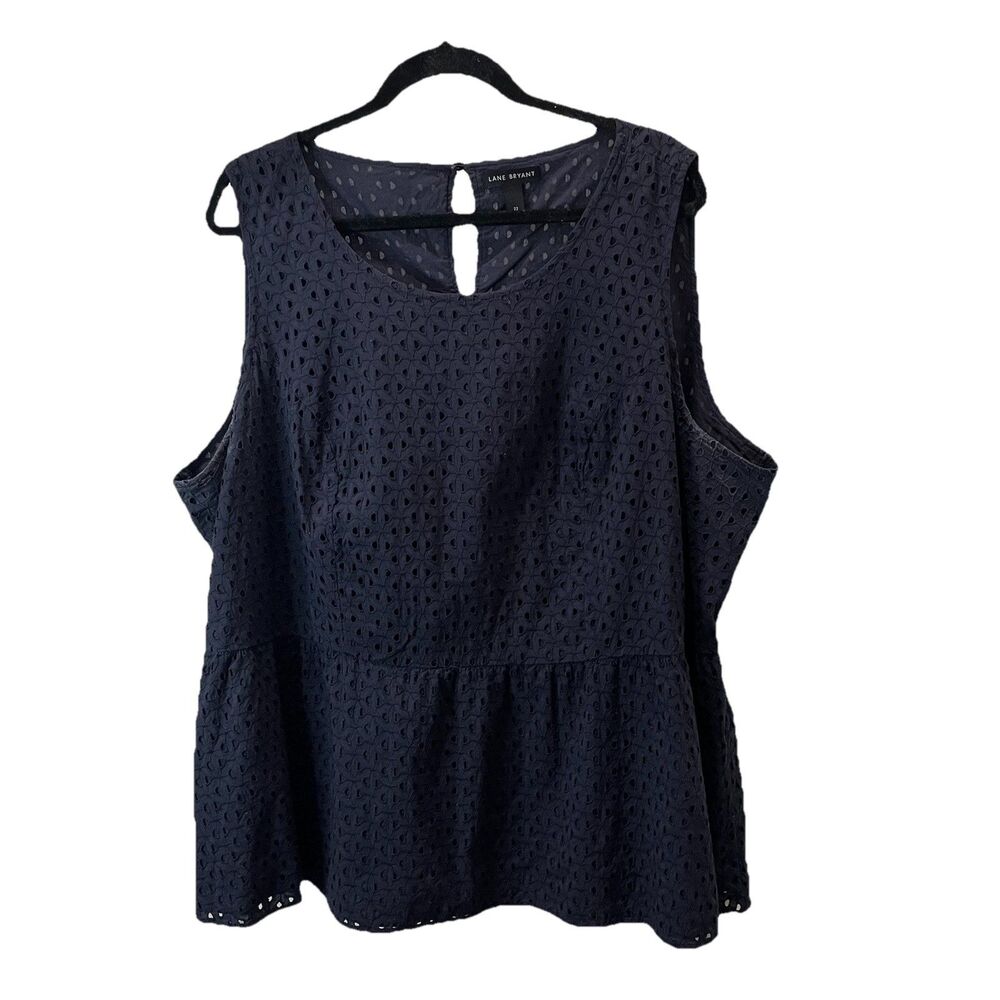 Lane Bryant Eyelet Sleeveless Peplum Top Tank Womens Size 22 Keyhole Navy Blue